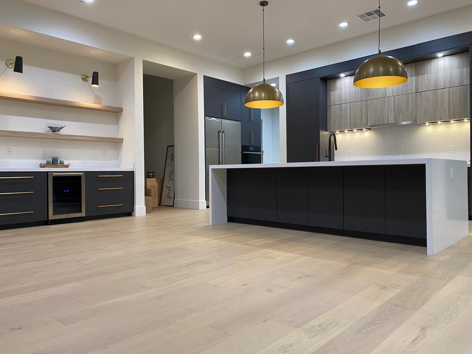 Wide view of completed contemporary kitchen